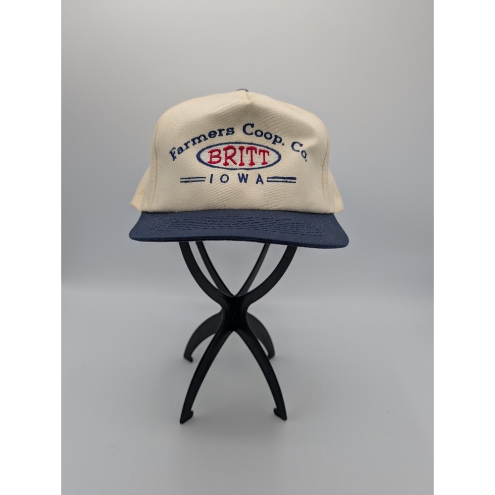Vintage Farmers Coop Co Britt Iowa Snapback Hat Cap Cream Navy Toppers Inc